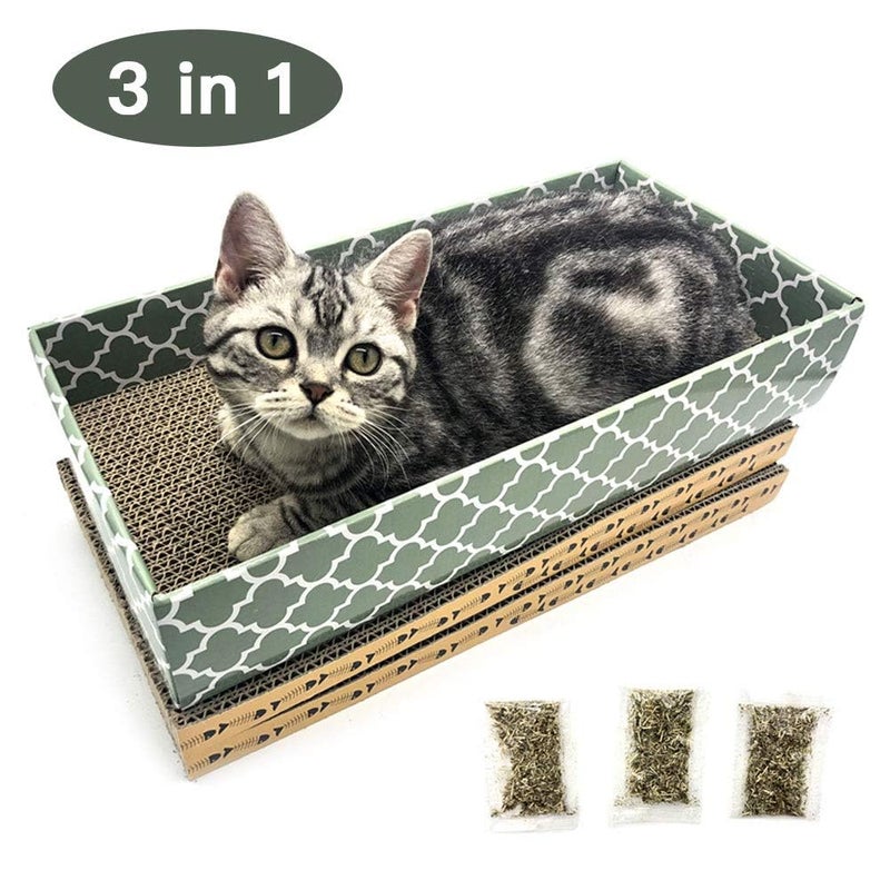 MECOOL Cat Scratcher Cardboard Scratching Pads Scratch Lounge Bed with Catnip 3PCS Reversible Corrugated Cardboard with Scratch Box - Image 5